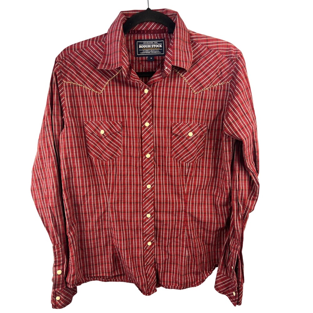 Rough Stock by Panhandle Slim Cotton Pearl Snap Long Sleeve Red Plaid Shirt SZM